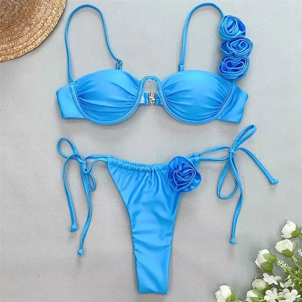 Sexy Flower Shiny Pink Push up Bikini 2024 Women Swimwear Underwired Swimsuit High Cut Bathing Suit Wrinkled Bikinis Set Biquini