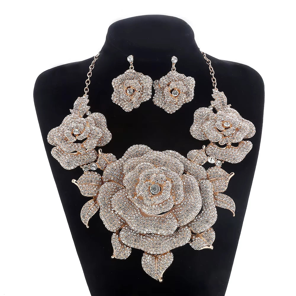 Bridal Jewelry Sets for Women Accessories Crystal Rhinestone Big Flower Gold Wedding Necklace and Earrings Set Party Jewellery