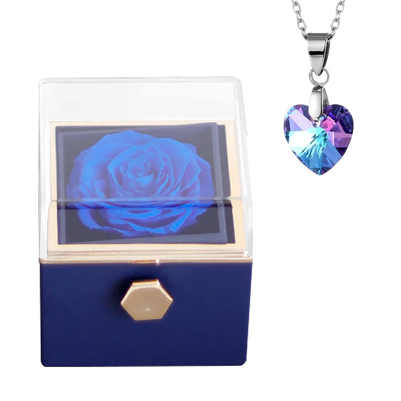 Gifts for Girlfriend Rotating Eternal Rose Gift Box Necklace Set Preserved Flower Jewelry Box for Valentine Christmas Birthday