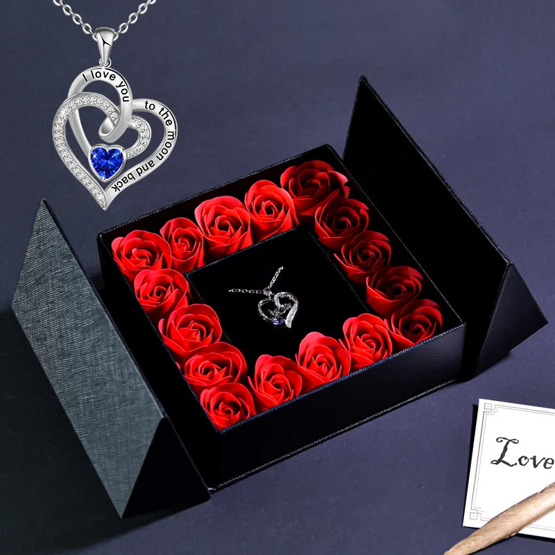 Eternal Flower Jewelry Box W Blue Crystal Heart Necklace Pendant Soap Rose Gift Box Wedding Jewelry Gift for Women Girfriend Mom