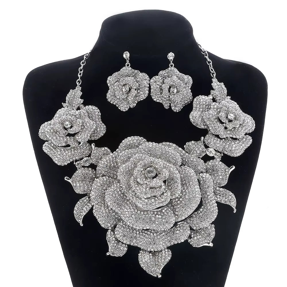 Bridal Jewelry Sets for Women Accessories Crystal Rhinestone Big Flower Gold Wedding Necklace and Earrings Set Party Jewellery