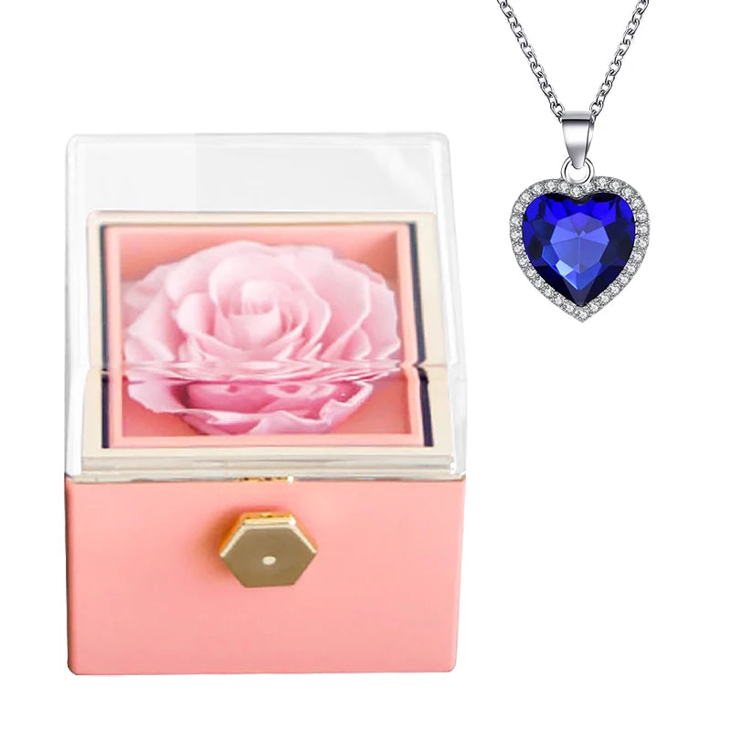 Gifts for Girlfriend Rotating Eternal Rose Gift Box Necklace Set Preserved Flower Jewelry Box for Valentine Christmas Birthday