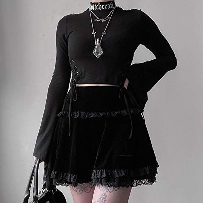 Punk Cross Print Dark Mini Skirts Chain Belt Black Uniform Pleated Skirt Women