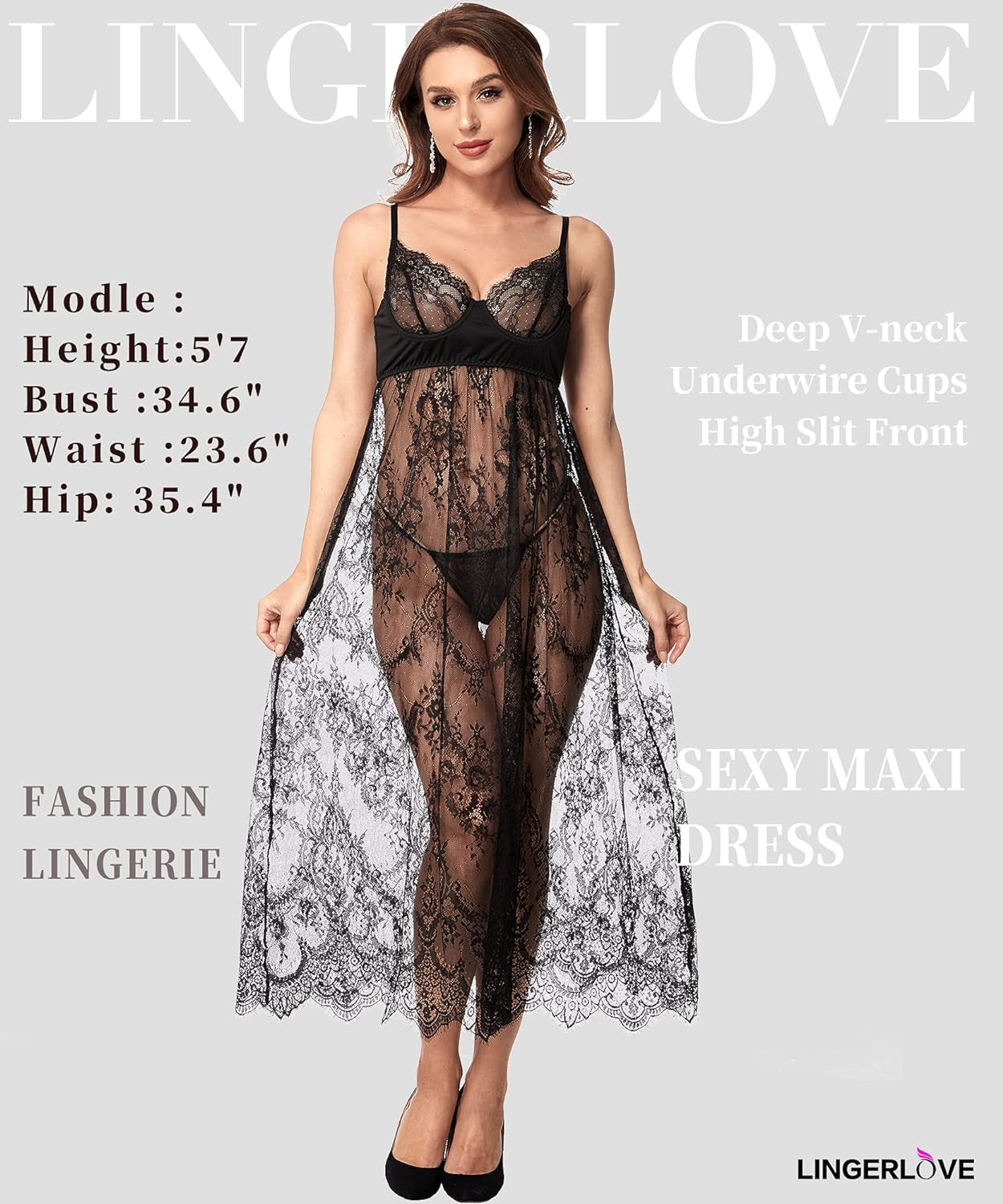 Women'S plus Size Lingerie Sexy Split Maxi Long Gown Sheer Dress