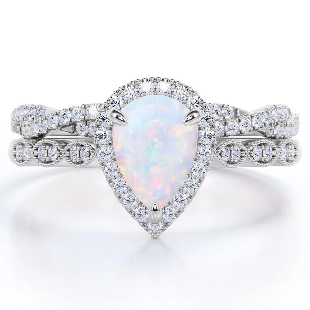 1.5 Carat Pear Cut Lab Created October Birthstone Opal and Moissanite Vintage Engagement Ring - Halo Pave Bridal Set in 18K White Gold over Silver