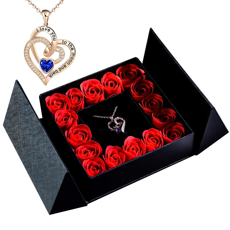 Eternal Flower Jewelry Box W Blue Crystal Heart Necklace Pendant Soap Rose Gift Box Wedding Jewelry Gift for Women Girfriend Mom