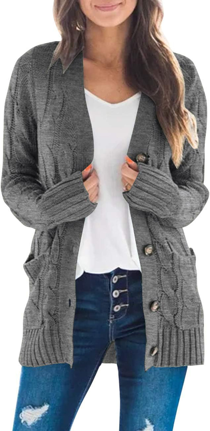 Women'S Long Sleeve Cable Knit Sweater Open Front Cardigan Button Loose Outerwear